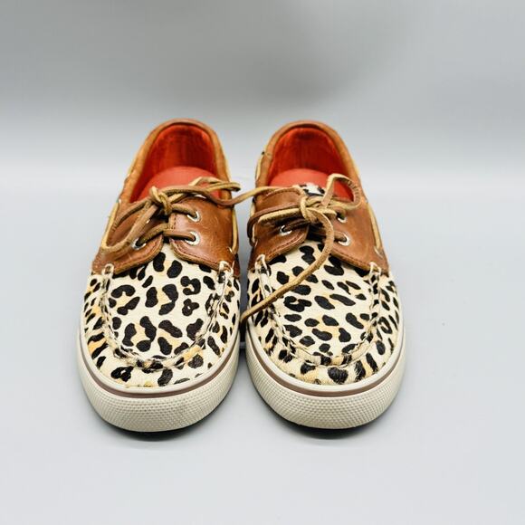 Sperry Shoes Women 7.5 Brown Leather Calf Hair Top Sider Leopard Print Boat Deck - Picture 3 of 13